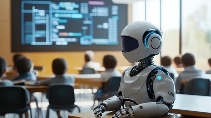 Fototapeta premium AI artist robot in a futuristic classroom setting, teaching children digital art skills through advanced interactive tools. No logo, no people.