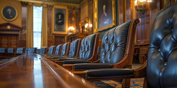 Elegant boardroom with tufted leather chairs in classic historic decor
