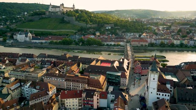 4K Aerial Drone Video of the Marienberg Fortress and the Main River Bridge in W&uuml;rzburg, Germany