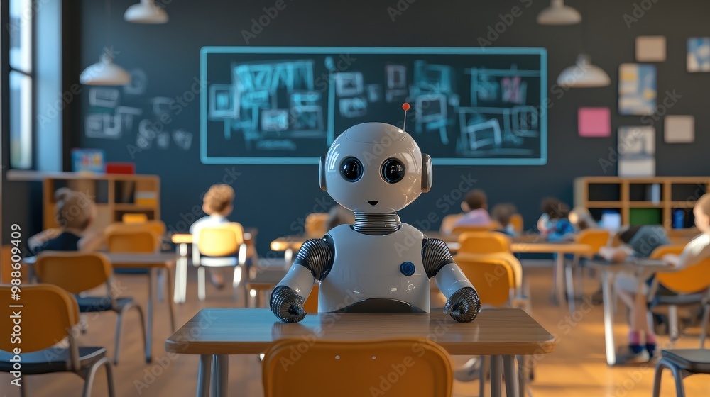 Poster ai artist robot in a modern classroom teaching creative expression to children using digital technol