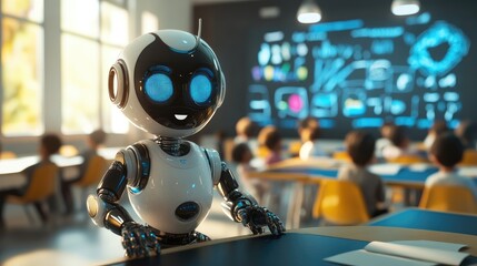 Fototapeta premium AI artist robot in a modern classroom teaching creative expression to children using digital technology and smartboards. No logo, no people.
