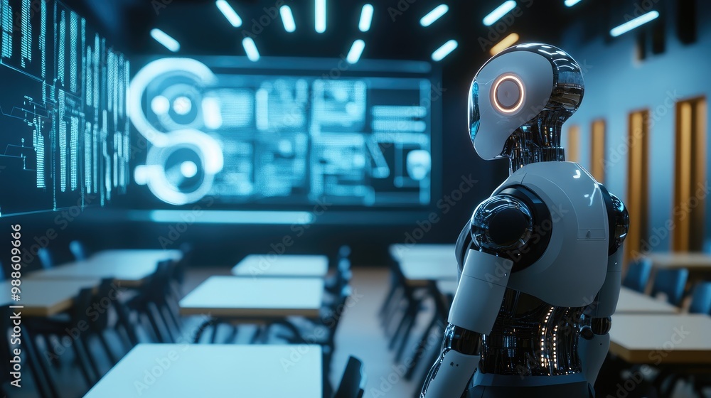 Poster ai artist robot teaching creative digital concepts in a classroom, using interactive holograms and s
