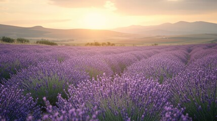Fototapeta premium A vast lavender field in full bloom under the soft light of a setting sun, with rolling hills in the distance.
