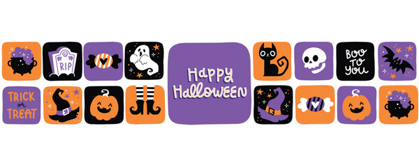 Hand drawn cartoon happy halloween seamless pattern with pumpkin, ghost, cat, sweets, scull and lettering. Colorful vector design for banners, wallpapers, wrapping.
