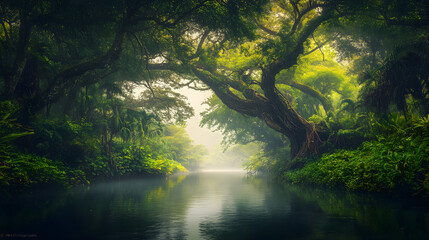 A lush island jungle with ancient banyan trees and a misty river winding through it.