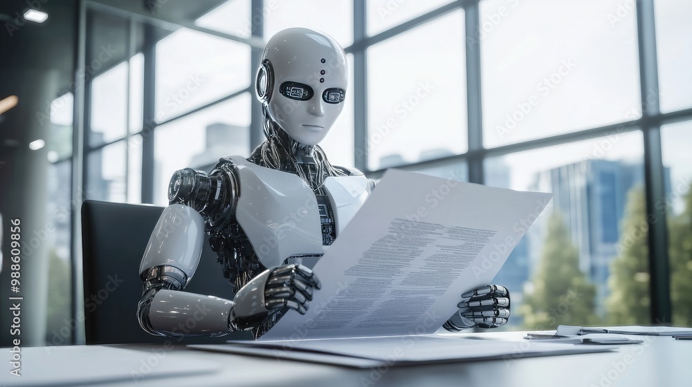 Poster business robot composing a paper-based marketing plan, symbolizing ai-driven business strategy devel