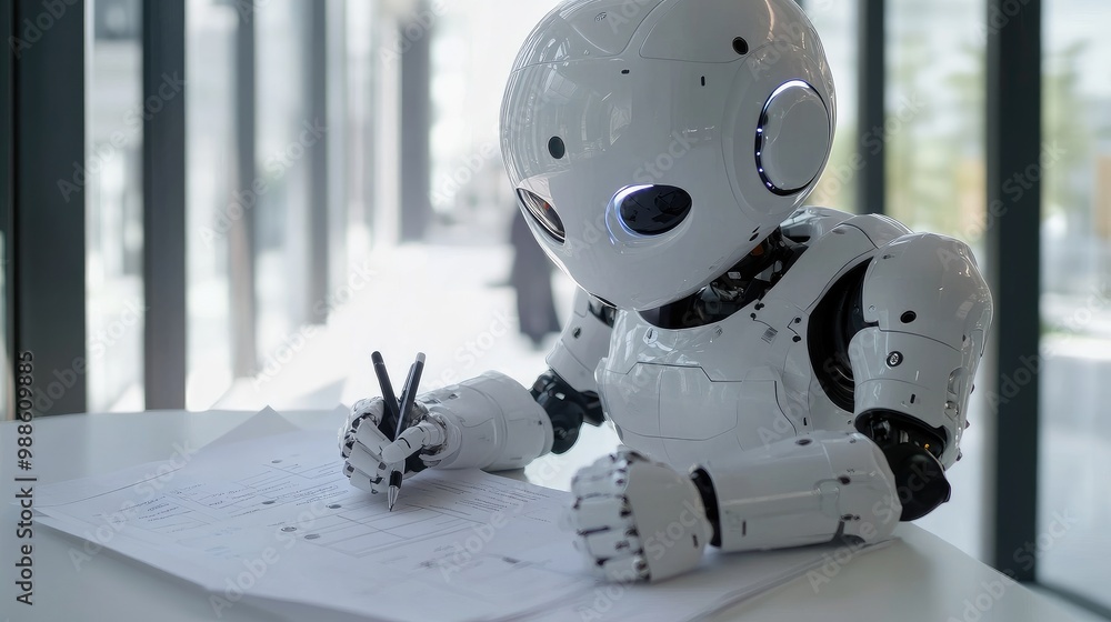 Poster business robot composing a paper-based marketing plan, symbolizing ai-driven business strategy devel