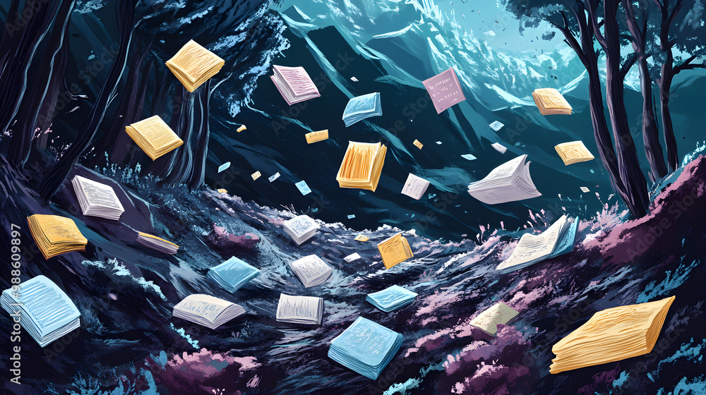 Poster a computer generated image of a forest with many books flying through the air