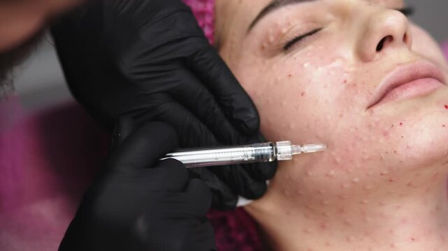 In a contemporary beauty salon, a woman is undergoing mesotherapy. She enjoys the treatment designed to maintain youthfulness and skin firmness, benefiting from professional cosmetic services.