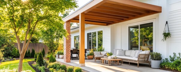 Fototapeta premium Elegant suburban house featuring a wooden pergola, brick columns, and cozy outdoor seating