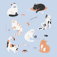 Cats decor illustration. Set of cute cats doodle style elements.