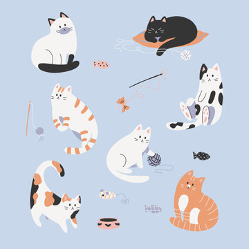 Cats decor illustration. Set of cute cats doodle style elements.