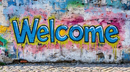 Colorful graffiti of the word 'welcome' on a textured wall, symbolizing urban art and inclusivity.