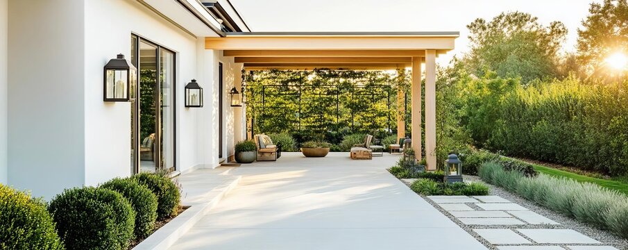 Elegant suburban house with garden trellises, lanterns, and a stone path