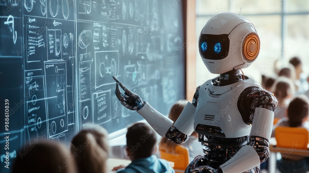 Poster futuristic ai artist robot using a digital canvas to teach children in an advanced classroom environ