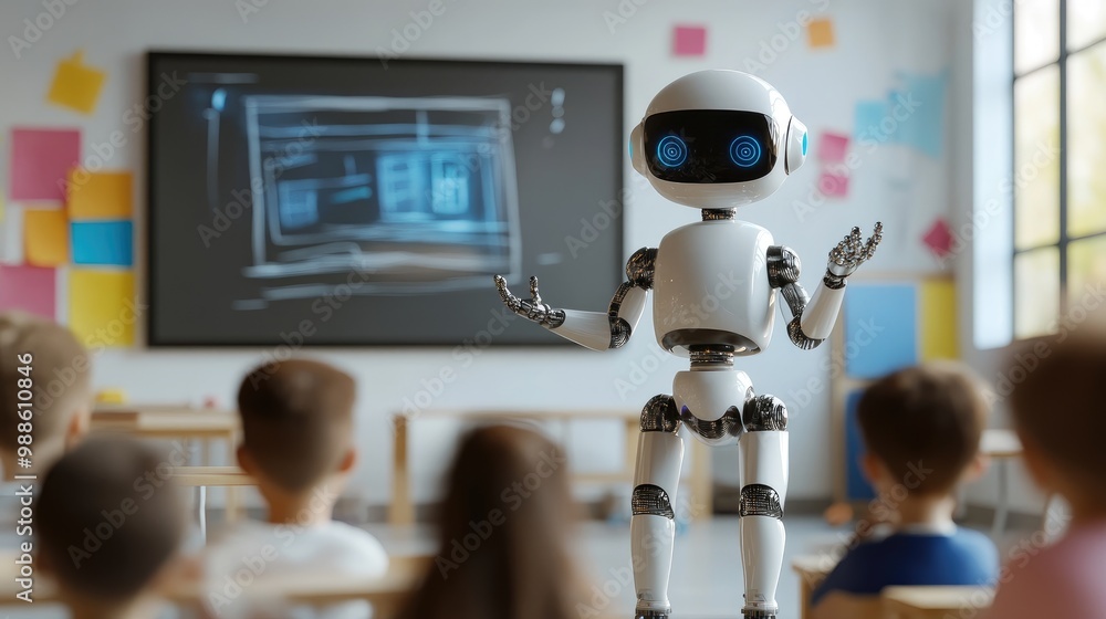 Poster futuristic ai artist robot using a digital canvas to teach children in an advanced classroom environ