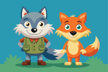 Obraz premium A cheerful wolf and fox share a joyful moment in a vibrant grassland under clear blue skies, a cartoon character wolf fox