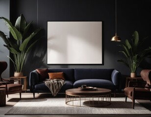 Mockup room for poster or painting in modern interior, Photo Frame Mockup, dark colors