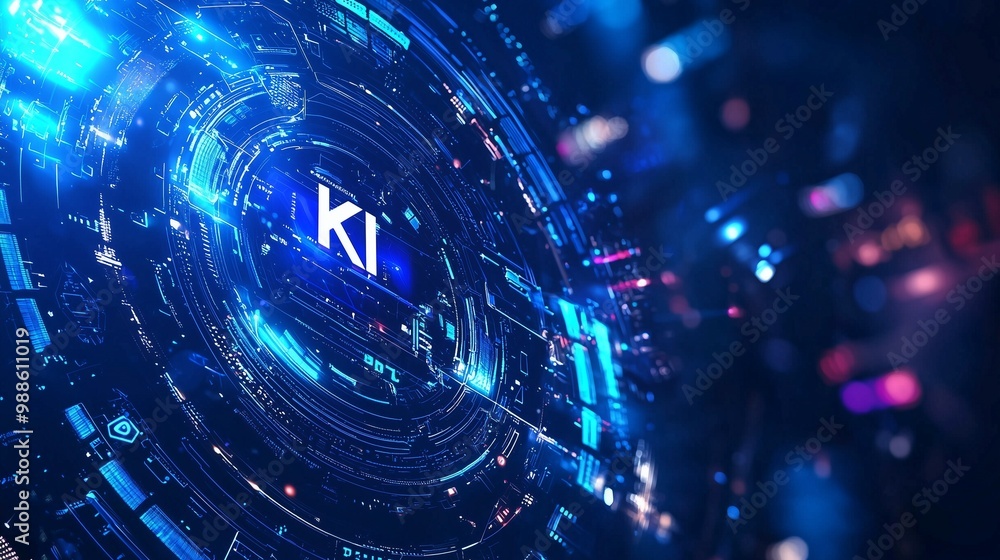 Poster futuristic digital interface with 'ki' text, symbolizing ai and advanced technology.