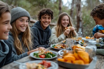 Parents and teenage kids eating outdoors in a forest, portrait, Generative AI