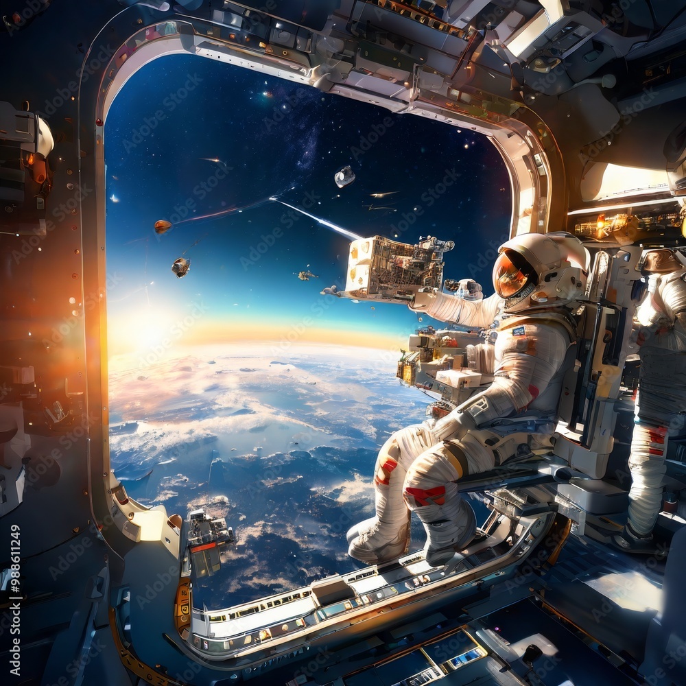 Poster a futuristic astronaut in a space station observes and controls a high-tech satellite hovering in sp
