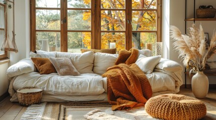 Fototapeta premium Autumn or fall season. Cozy Ambiance of Autumnal Interiors. warmly lit living room adorned with autumnal decor cozy throws, flickering candles, rustic accents reating sense of comfort and invitation.