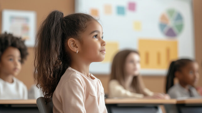 A diverse group of children in a classroom, engaging in a fun, interactive workshop on financial literacy, with colorful charts and games illustrating concepts of saving and budget