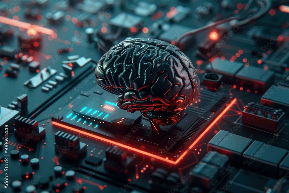 Aufkleber 3d render of an artificial intelligence brain floating over a motherboard circuit, symbolizing machi