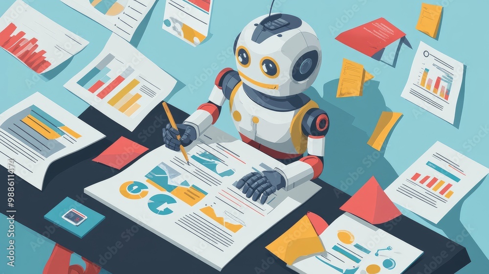 Poster illustration of a robot creating a detailed marketing strategy on paper with business-related visual