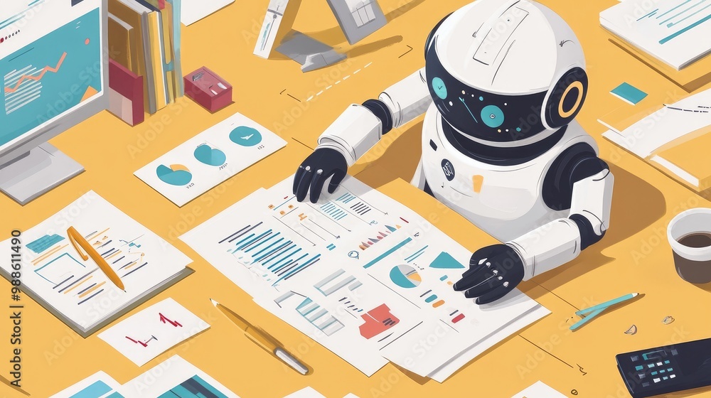 Poster illustration of a robot creating a detailed marketing strategy on paper with business-related visual