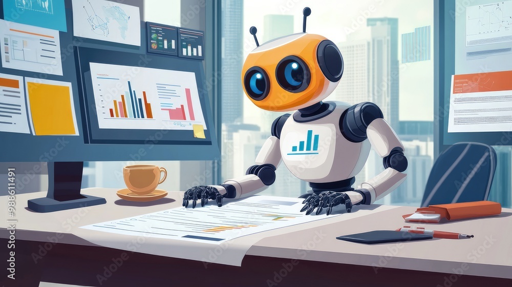 Poster illustration of a robot creating a detailed marketing strategy on paper with business-related visual