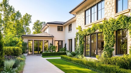 Obraz premium Elegant suburban house with ivy-covered stone walls, large windows, and an inviting path