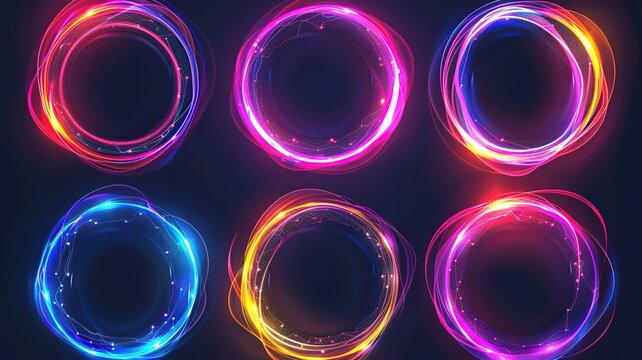 Set of glowing neon color circles round curve shape with wavy dynamic lines isolated on black background technology concept. Circular light frame border. You can use for badges, price tag, label - Powered by Adobe