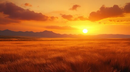 A vast savanna at sunset, with golden grasses swaying gently in the breeze under a fiery orange sky, and distant mountains on the horizon.