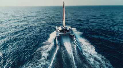 A modern catamaran slicing through the waves at high speed with a clear horizon ahead.