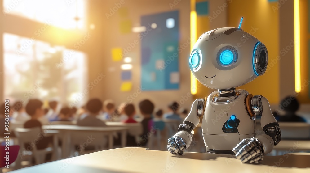 Poster modern ai artist robot teaching children how to create digital art in a tech-enhanced classroom envi