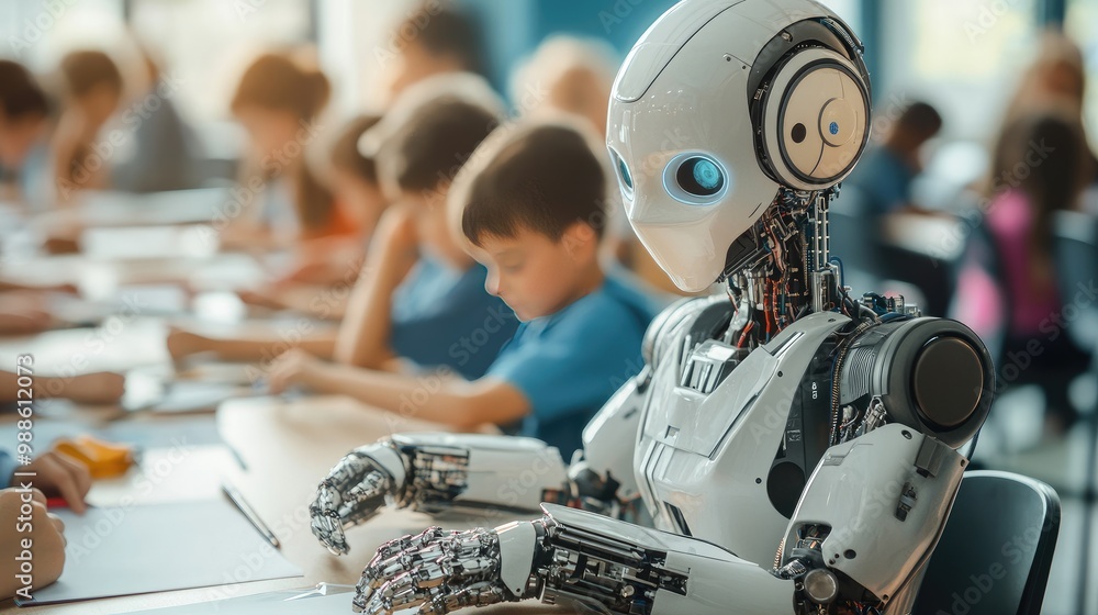 Aufkleber modern ai artist robot teaching children how to create digital art in a tech-enhanced classroom envi