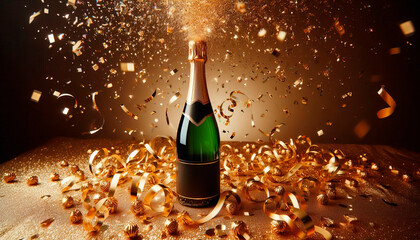 A celebration bottle of champagne with gold sparkling glitter confetti 
