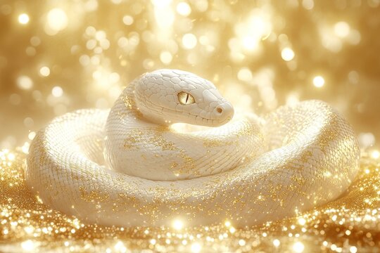 Albino Python Against Golden Bokeh Background Concept of Luxury, Wealth, and Prosperity