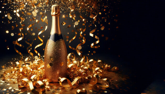A celebration bottle of champagne with gold sparkling glitter confetti 
