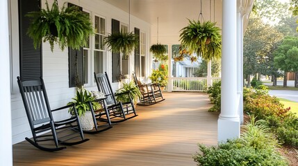 Obraz premium Elegant suburban house with a wrap-around porch, rocking chairs, and hanging plants