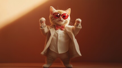 A happy, smiling, cute cat dressed as an artist, wearing red sunglasses with its paws raised up dancing, wearing a white shirt with a bow tie and a long jacket