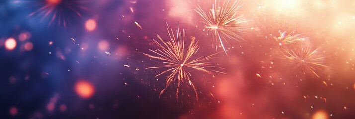 Golden fireworks against an orange and blue sky. Ideal for festive celebrations like Christmas and New Year's Eve.