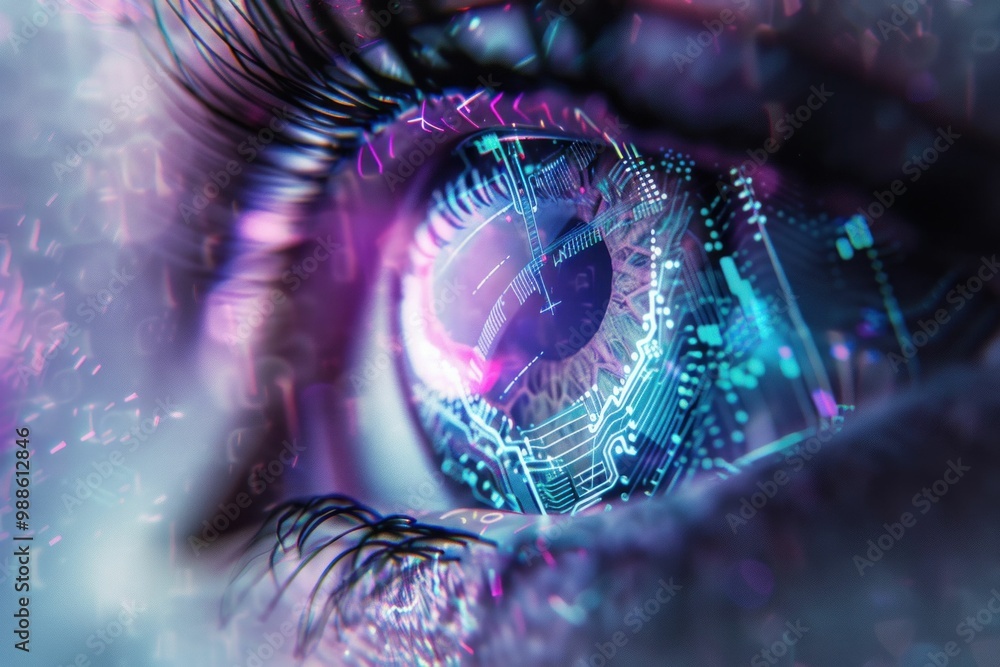 Poster a close up of a human eye with a digital circuit pattern reflecting in the iris, showcasing themes o