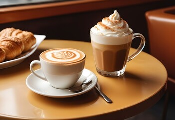 A glass mug filled with a creamy, frothy coffee drink, likely a latte or cappuccino, with a dusting of cinnamon or cocoa powder on top
