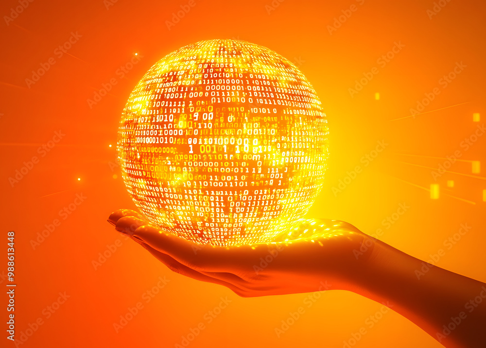 Poster a hand holding a glowing globe made of binary code set against an orange background, illustrating th