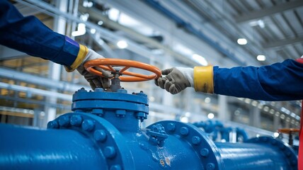 An engineer adjusting a valve on a large industrial pipe in a factory. The focus is on the engineer’s hands