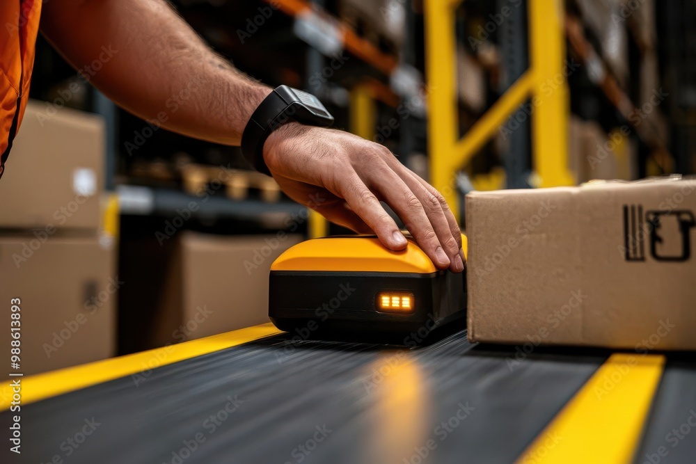 Poster close-up of a warehouse worker using rfid technology to scan and track products, symbolizing the use