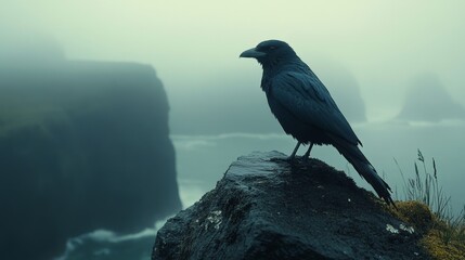 Mysterious Raven on a Cliff in Foggy Landscape