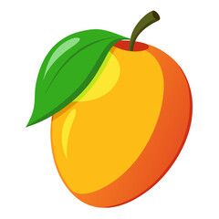 A mango with a green leaf rests on a clean white background